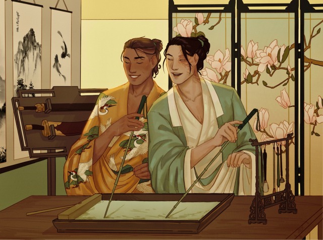 A colored digital drawing of grown up Sokka and Zuko. They’re drawn from the waist-up, practicing calligraphy on a sand box with bamboo sticks. They’re standing close, both smiling and leaning into each other. Sokka is wearing a yellow robe with white cranes embroidery, while Zuko is wearing light green and white robes. Behind them there is a panel screen with a magnolia flowers pattern and a stand holding their swords.