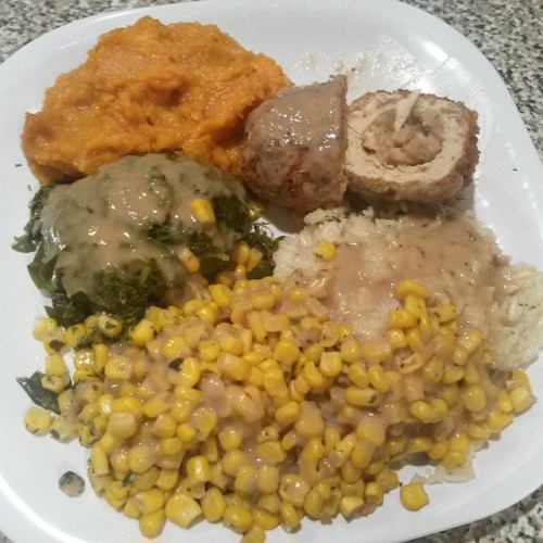 lifesustainingmeasures: #Gardein Stuffed Turk’y, Tarragon/Oregano seasoned rice, sweet corn, collard