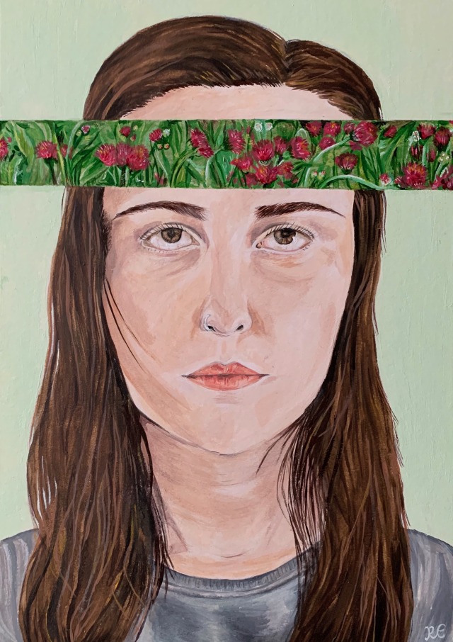 Realist-style painting of a woman with long brown hair, brown eyes and pale skin, against a pale green background. She is wearing a grey top and looking upwards. The image is cropped just below the shoulders. Across the top of the image, going over her forehead, is a painted horizontal strip of deep pink Emilia flowers against green grass and leaves. In the bottom right hand corner is the artist initials "R.E." painted in white.