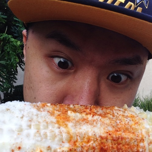 timothydelaghetto:  I was almost home when I saw a couple kids sittin on the street eatin some elote so I turned my car around and drove around the neighborhood til I found the corn man. Mmm yesssss!