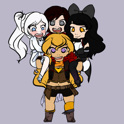 cottoncandyflufftier:  I drew this a while back and never posted it but with the new season starting now, tada! Team RWBY carry/I don’t know what to call this drawing! 