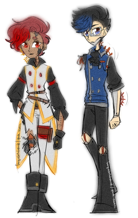 Steampunk AU fullbody designs for the automatons! I know I wanted Deceit to have his legs back but I