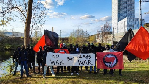 GOTHENBURG REPORTBACK: antifascists in Gothenburg, Sweden pose with some NMR trash they picked up to