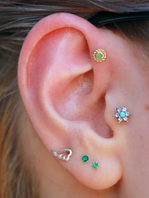 Fresh forward helix piercing with yellow gold and chrysoprase jewelry by BVLA