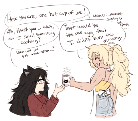 college!au mornings (includes roomies blake+yang and weiss+ruby stopping by their dorm room)