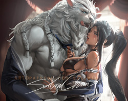 sakimichan:  rengar X Nidalee from LeagueOfLegends &lt;3 This terms hetero pairing !kinda glad I tried to paint a furry daddy *w*&lt;3  hetero/video/steps/PSD- https://www.patreon.com/posts/20364832  