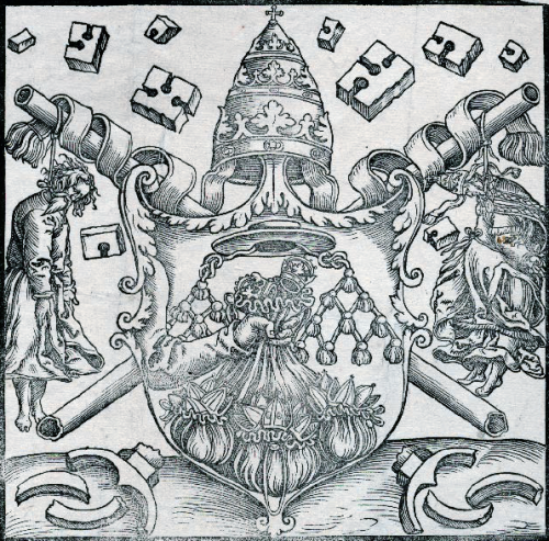 speciesbarocus:The Pope’s coat of arms with smashed keys (c. 1569).Anti-Catholic print. The two hang