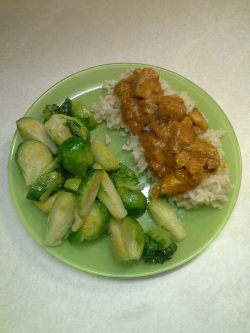 Tonight’s dinner: butter chicken over brown rice with sauteed brussel sprouts! Recipe here!