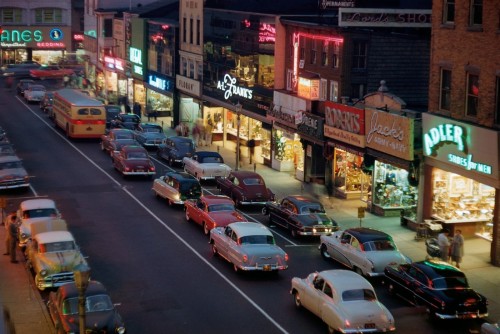 steroge:Main Street at dusk, 1950s; Photo by William GottliebVintage Neons