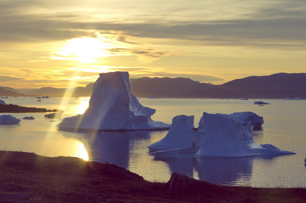 Narsaq, Sunset and icebergs, Greenland