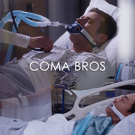 Gif 4: A blended gif of Buck and Chimney. They are both on ventilators in a hospital bed, with their eyes closed. On the top left is Buck in 6x11, and on the bottom right is Chimney in 2x13. Overlayed in large white font is: "COMA BROS"