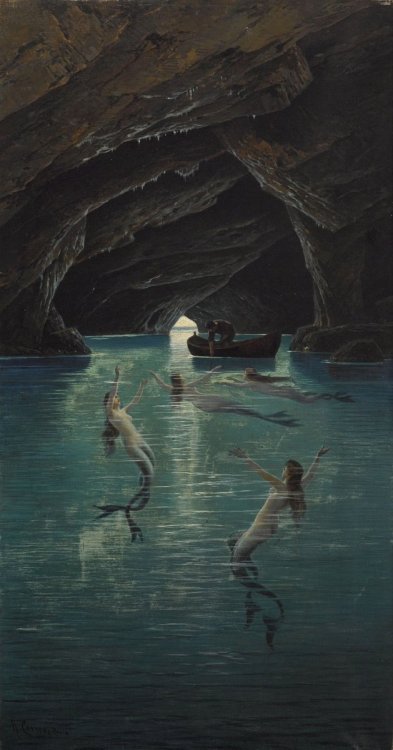 Hermann David Salomon Corrodi - A fisherman and mermaids in the blue grotto on Capri