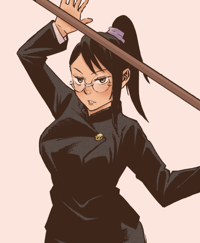 a manga colouring of maki from volume zero holding a wooden staff diagonally with both hands. she has a neutral look on her face and is facing the viewer. 