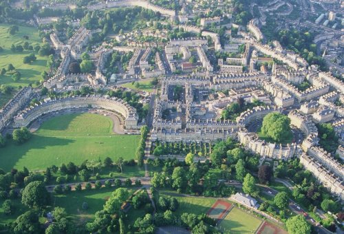 Aerial view of Bath, EnglandAt left is the Royal Crescent, built by John Wood the younger,1767-1774.