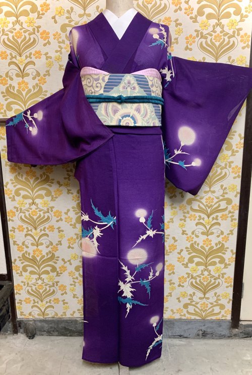 Azami (thistle) antique kimono, with a beautiful purple ground and lovely halo-like gradation over t