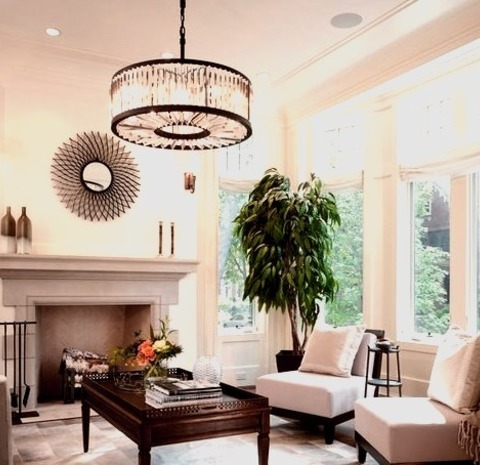 Chicago OpenPhoto Of A Large, Elegant Living Room With A Stone Fireplace, White Walls, And A Dark Wood