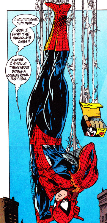 thecomicsvault:  Spidey DonutsSPIDER-MAN #13 (Aug. 1991)Art by Todd McFarlane & Greg WrightWords by Todd McFarlane
