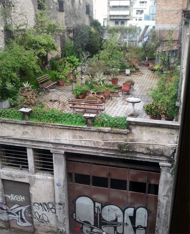   A hidden garden in the rooftop of an old building at the corner of Filopoimenos