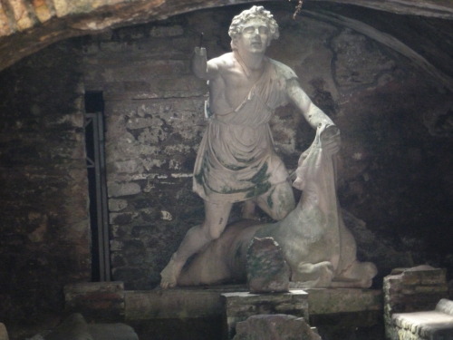 archeogirl:Mithras.A statue of Mithras in a Mithraeum under the Baths of Mithras in Ostia.Spring 201