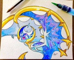 prince-goldfish:  Finished another Watercolor Lunala!🌙🎨    Started this last night and finished it today waiting for those Corocoro leaks!~   This honestly rivals Kyogre for my favorite legendary.. The Moon vs the Tides tbh! So gorgeous!✨ I