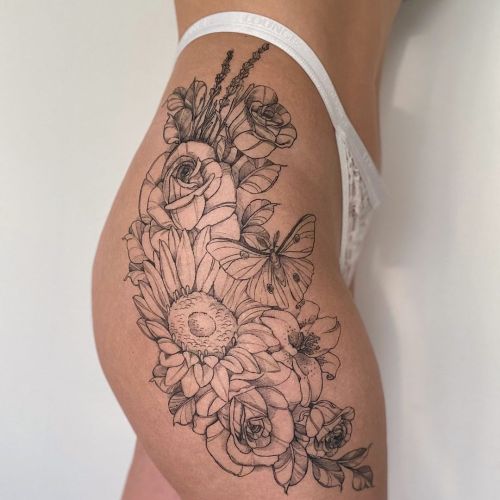 Jenny Olivia blackw;butterfly;flower;lavender;rose;sunflower;thigh