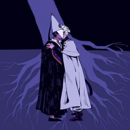 drawing of the scene in chapter 40 of witch hat atelier where qifrey erases olruggio's memory. both their faces are hidden from the viewer, and qifrey holds olly close like he wants to embrace him. in the background is a drawing of a tree being uprooted. end id.