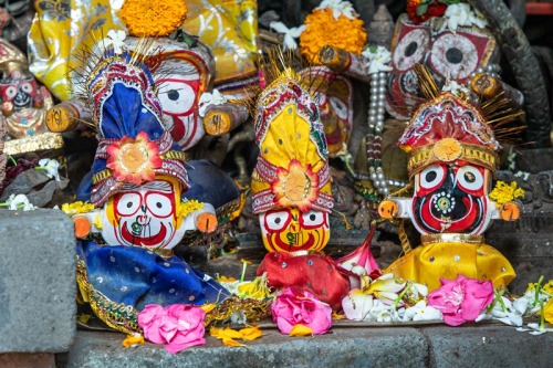 Small shrine with deities of Jagannatha, Baladeva and Subhadra at Nagesvara Temple, Bhubaneswar, Odi