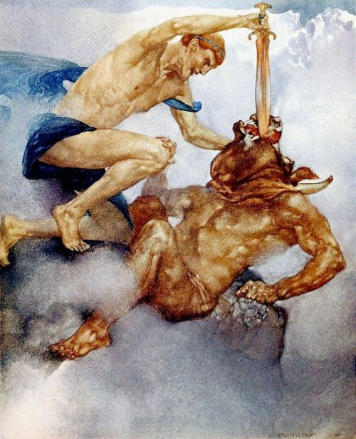 How Theseus slew the Minotaur. From “The Heroes …” (1912) illustrated by William 