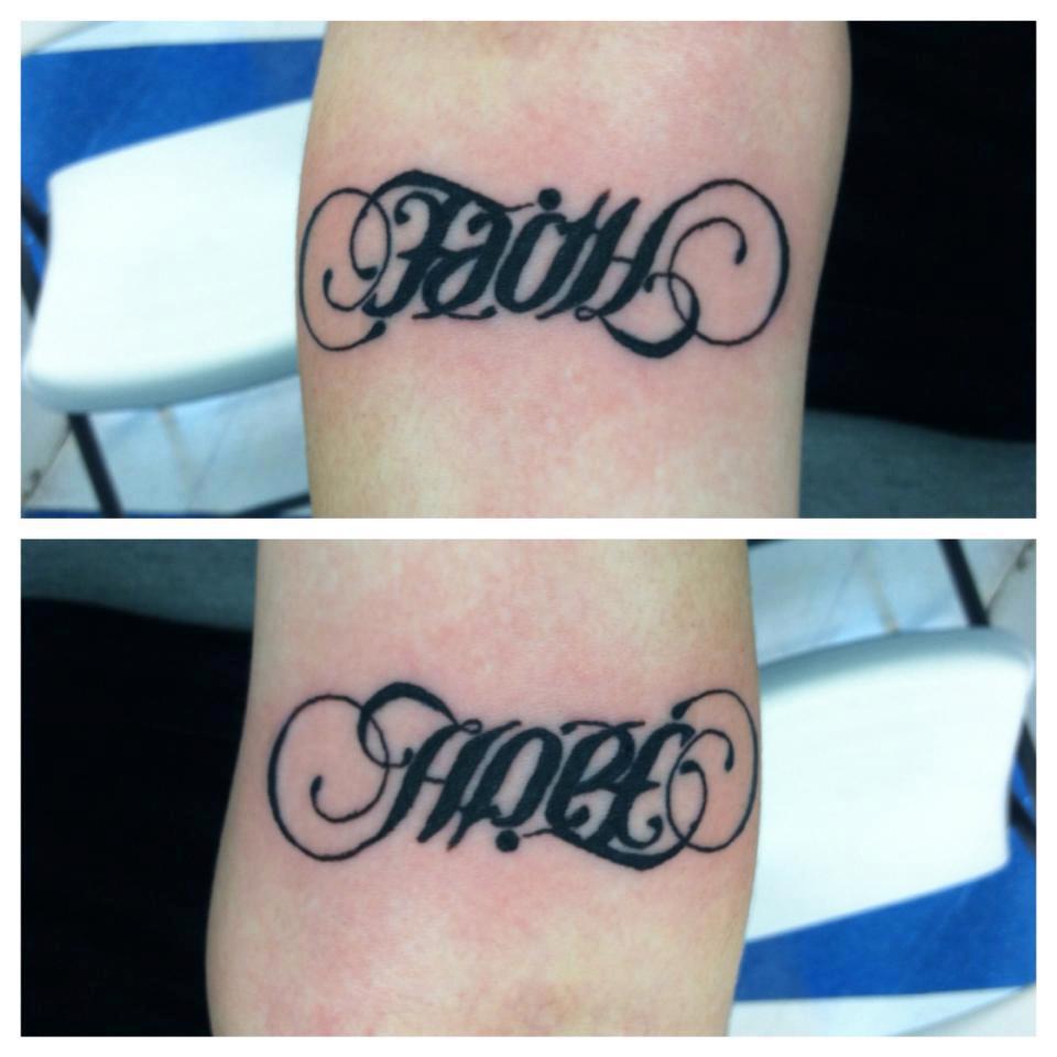 My new ambigram tattoo.. I look down and I see FAITH, you look at it and  see HOPE (flip the pic) ... Very simple, yet… | Hope tattoo, Ambigram tattoo,  Faith tattoo