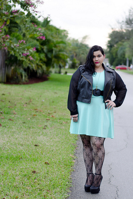 Kirstin Marie in mint green dress ,faux leather moto jacket, bow tights, &amp; heel less heels a