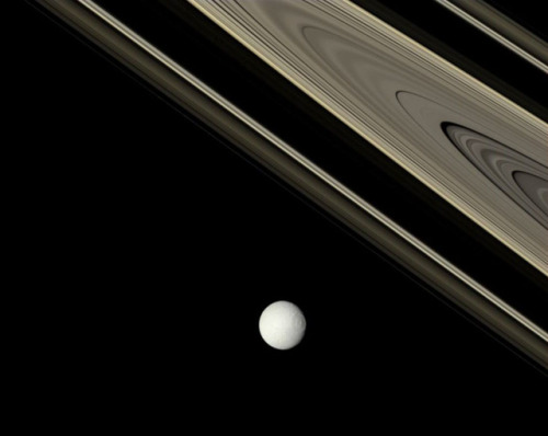 Saturn: Bright Tethys and Ancient Rings Image Credit: Cassini Imaging Team, SSI, JPL, ESA, NASA