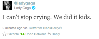 Screenshot of tweet from Lady Gaga that says, "I can't stop crying. We did it kids."