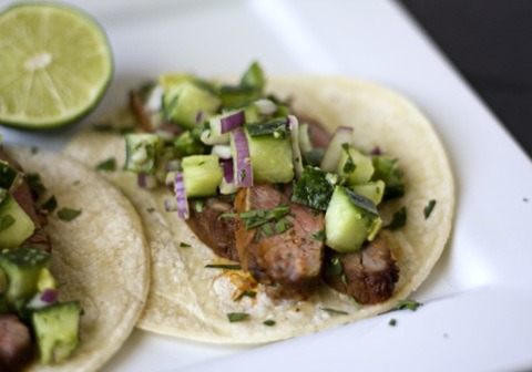 ChiliRubbed Steak Tacos & CucumberAvocado Salsa