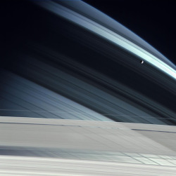 razorshapes:  Michael Benson1. Mimas Above Saturn’s Rings and Shadows, Cassini, November, 7, 20042. Mimas Transits Saturn’s Ring Shadows, Cassini, January 18, 2005