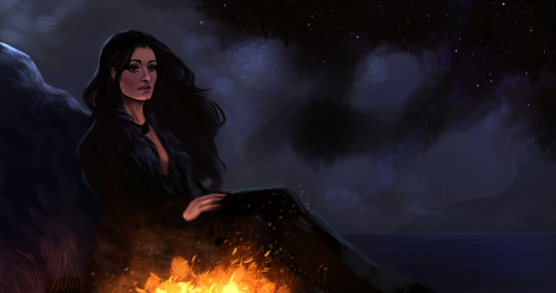 Yennefer by the fire in chapter 5 of Clydethistles’ The Sea That Calls All Things Unto Her Calls Me.