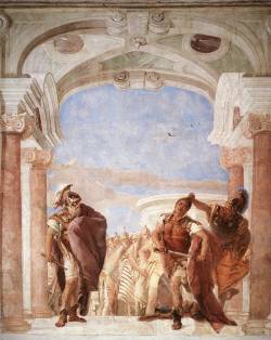 vcrfl-blog:Tiepolo: The Rage of Achilles, 1757.  This fresco in the Villa Valmarana in Vicenza is a direct illustration of the first book of the Iliad, where Achilles is about to attack Agamemnon, but Athene pulls him back by the hair at the last moment.