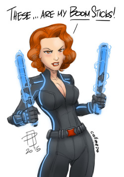 callmepo:Black Widow’s Boom Sticks by CallMePo  I can overlook the TRON vibe with Black Widow’s new outfit for Age of Ultron, but at least it makes sense if Tony fitted her with some arc reactor shock batons.  She would probably have some glowing