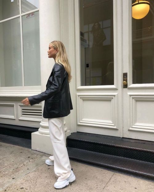 minimalstreetwear:Black Leather Blazer with White Trousers Outfit