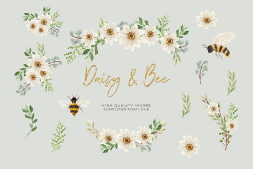 Daisies &amp; Bee Watercolor Clipart Graphic by SunflowerLove• 14 individual high-quality i