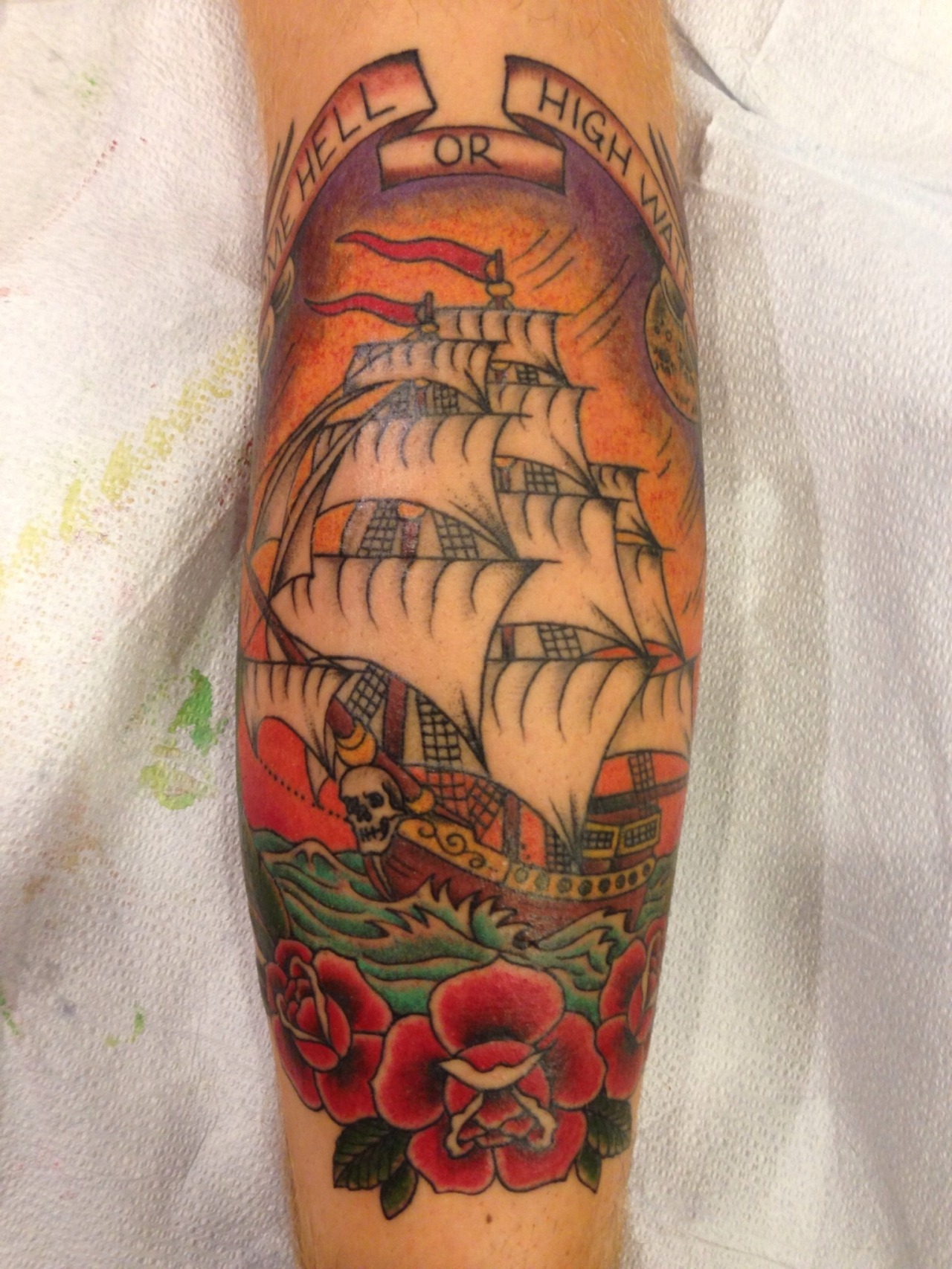 fuckyeahtattoos:  &ldquo;Come Hell or High Water&rdquo; done by Josh Fallon.
