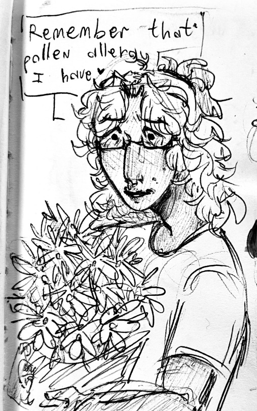 Patryck is holding flowers, saying " remember that pollen allergy I have? "