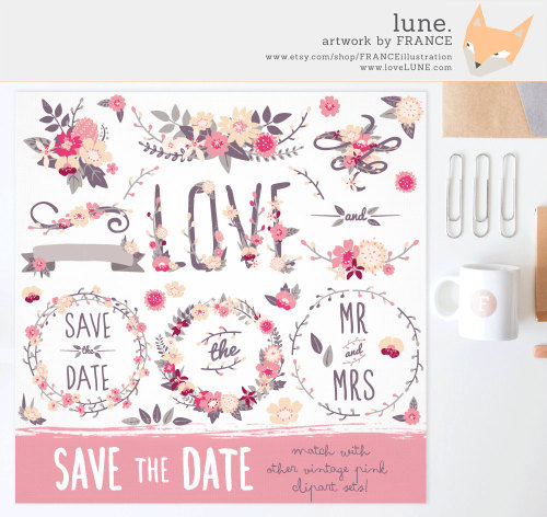 GET 3 FOR 2. Save The Date Clipart. Wedding Clipart. Flower Clip Art Wreath, Banner. Shabby Chic. Ha