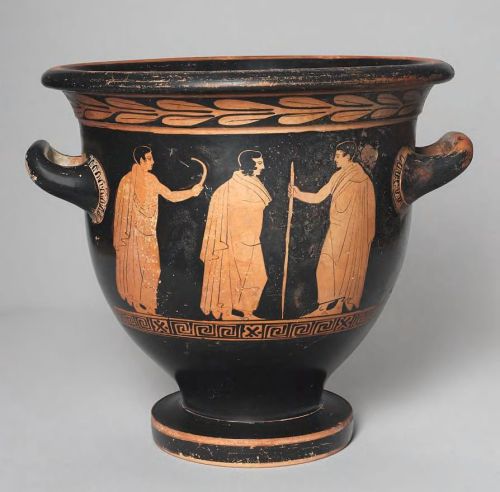 archaicwonder:  Greek Red-Figure Bell Krater: Torch Race with Prize Hydria, 430-420 BCAttributed to the manner of the Peleus Painter, Gela (Sicily). Side A: Torch race: two runners with torches, altar, olive tree, prize hydria (water jar).Side B: Three