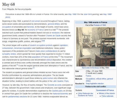 May 68 / May 1968“Beginning in May 1968, a period of civil unrest occurred throughout France, lastin