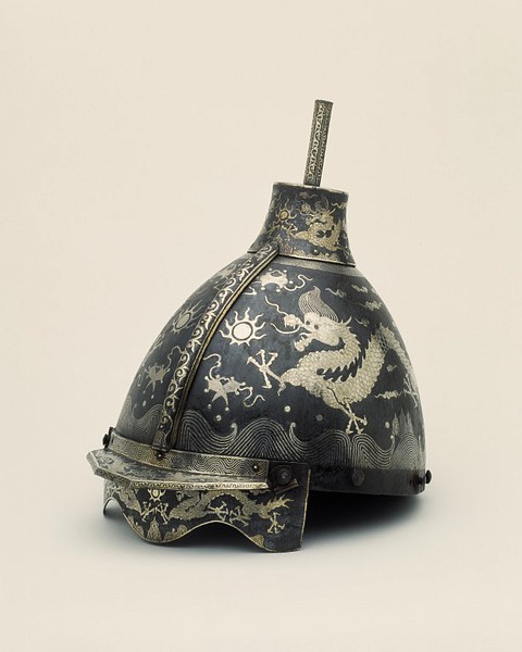 Helmet. 1550-1650, Korea. Iron inlaid with silver. For a military leader of high rank, worn with fur