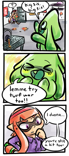 cutiekaboom:  Decided to make a splatoon comic! I’d imagine that younger inklings would be pretty excited to try turf wars despite the limitation of not having fingers.  OMG!!!! <3 <3 <3