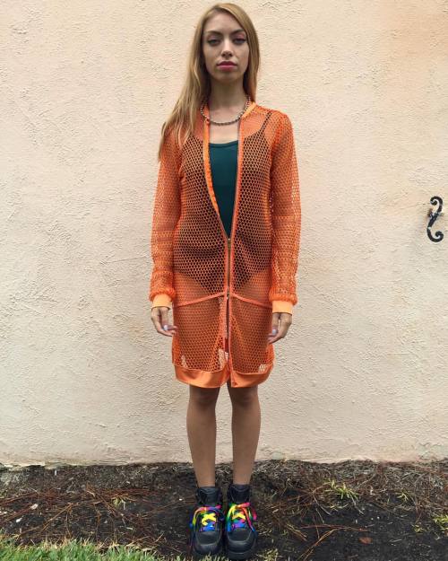 FRONT 90s Safety Orange Mesh Zip Up Jacket Dress, Marked Sz L, $34 New on @shoptelepathy etsy shop! 