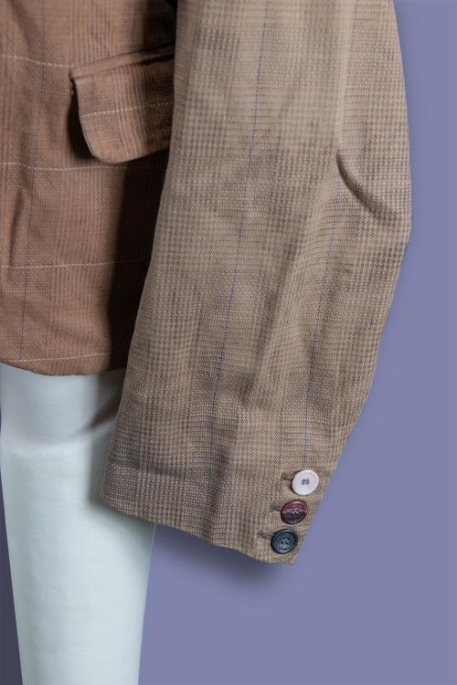Christopher Nemeth brown check jacket with contrast sleeves and unique buttons, 1980s or 1990s.
