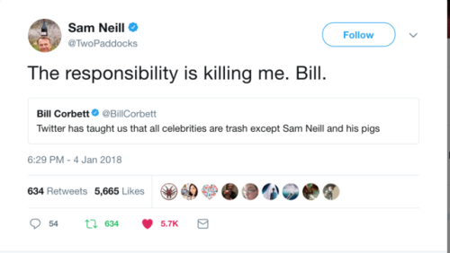 fuckyeahdiomedes:Everyone should follow Sam Neil on twitter.