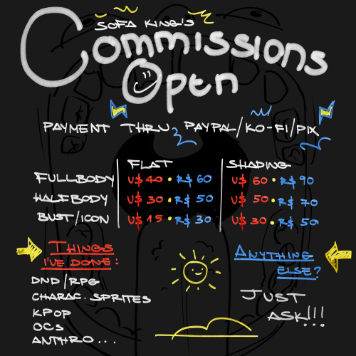 kingsofaking:My commissions are open again!!Here’s my prices and some examples of what i’ve worked w